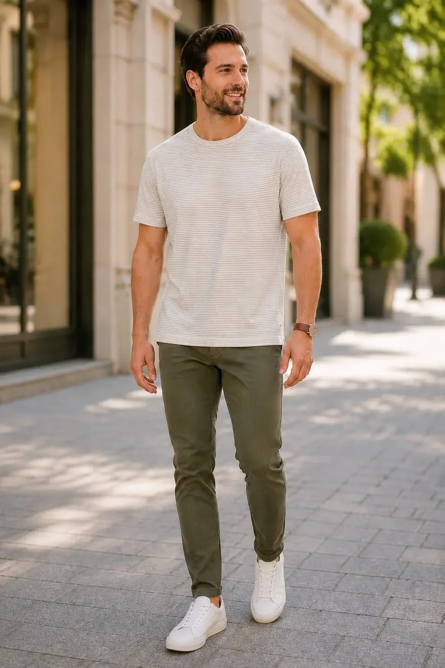 Banana Republic Luxe Touch Performance Tee Men’s L Ivory Taupe Stripe Cotton